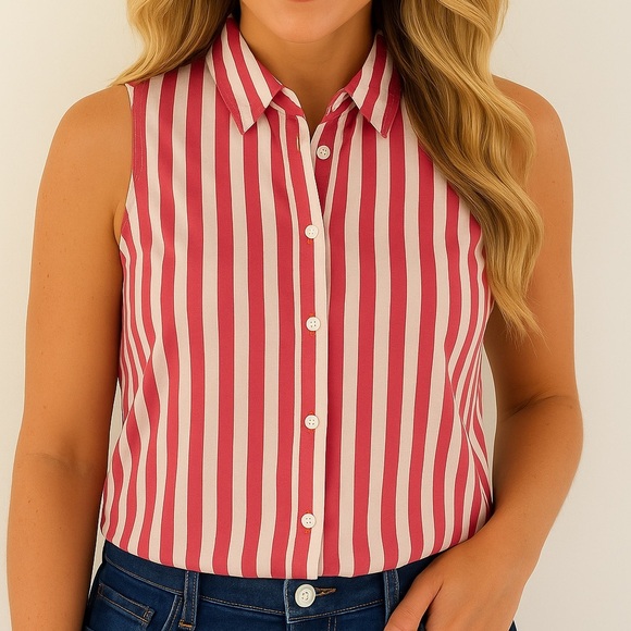 J. Crew Pink and White Striped Sleeveless Button-down, Size M - Picture 1 of 4